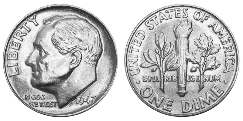 1947 Roosevelt dime obverse showing FDR portrait and reverse showing torch with Full Bands