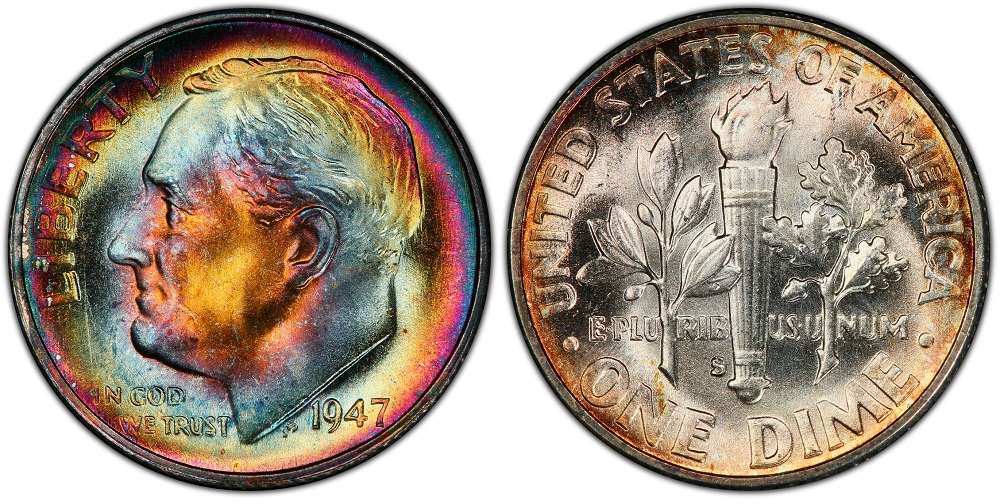 1947 Roosevelt dime comparison: left side showing merged torch bands (non-FB), right side showing fully separated Full Bands designation