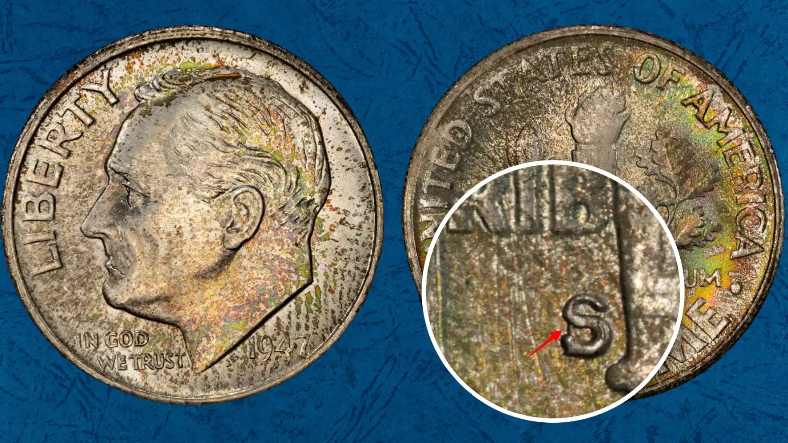 1947-S/D Roosevelt dime mintmark showing 'S' punched over a 'D' with traces of the underlying D visible at the lower left