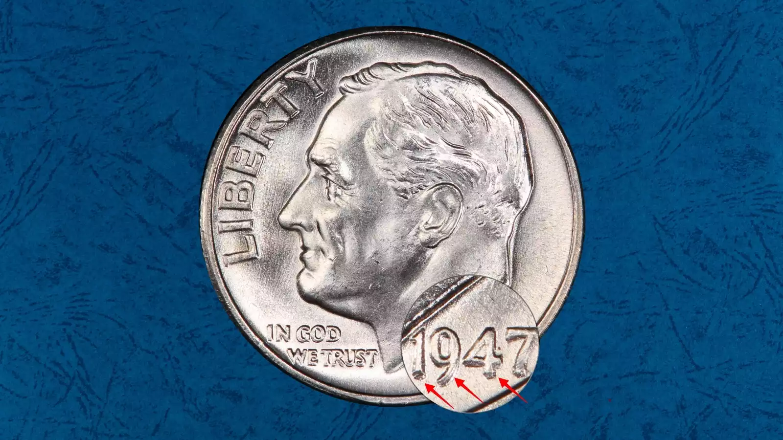 1947 Roosevelt dime Doubled Die Obverse (DDO FS-101) showing doubling on LIBERTY and date 1947
