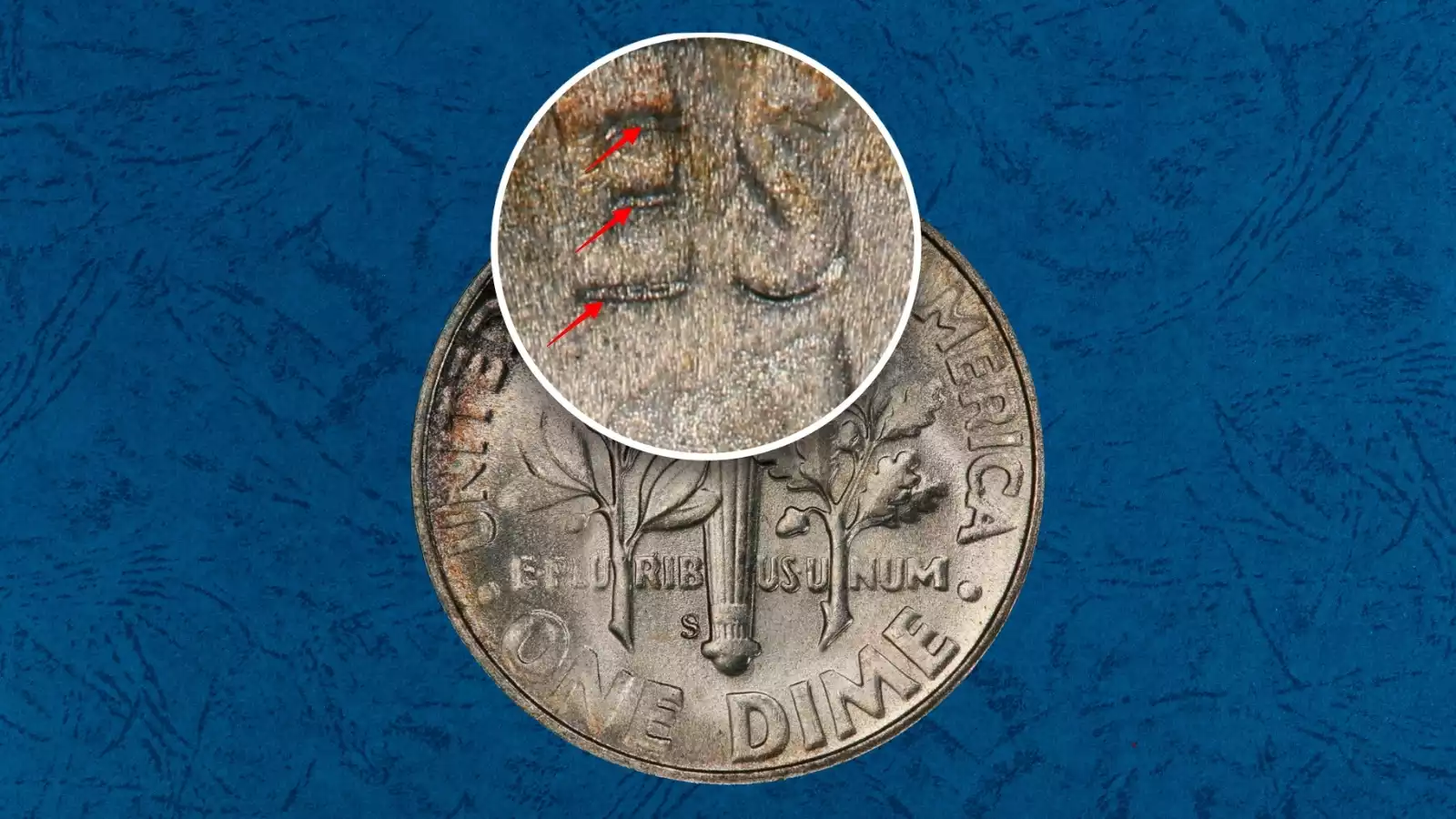 1947 Roosevelt dime Doubled Die Reverse (DDR) showing doubling in UNITED STATES OF AMERICA lettering