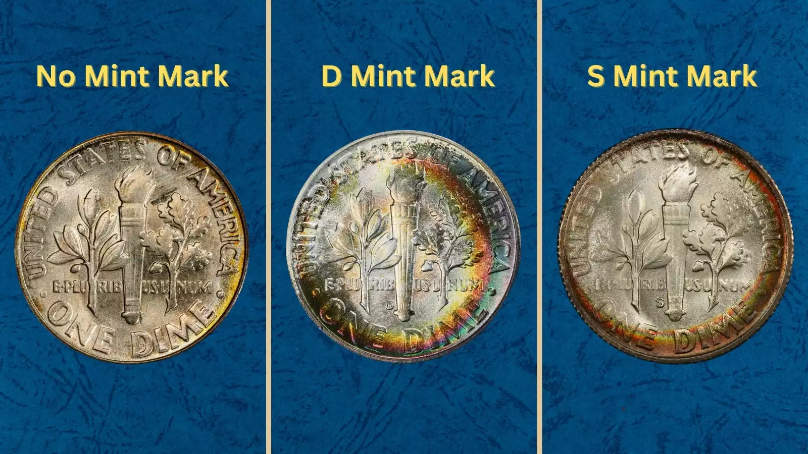 1947 Roosevelt dime group shot showing all three mint varieties: Philadelphia (no mark), Denver (D), and San Francisco (S)