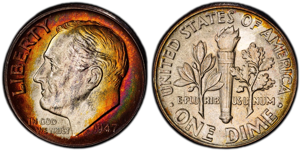 1947 Roosevelt dime grading strip showing four condition tiers: Worn, Circulated, Uncirculated, and Gem MS-65+